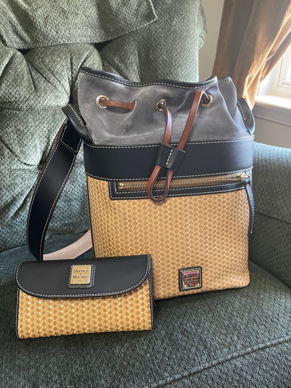 Dooney & Bourke Tan Woven Bucket Bag with Black Trim and Gray Top